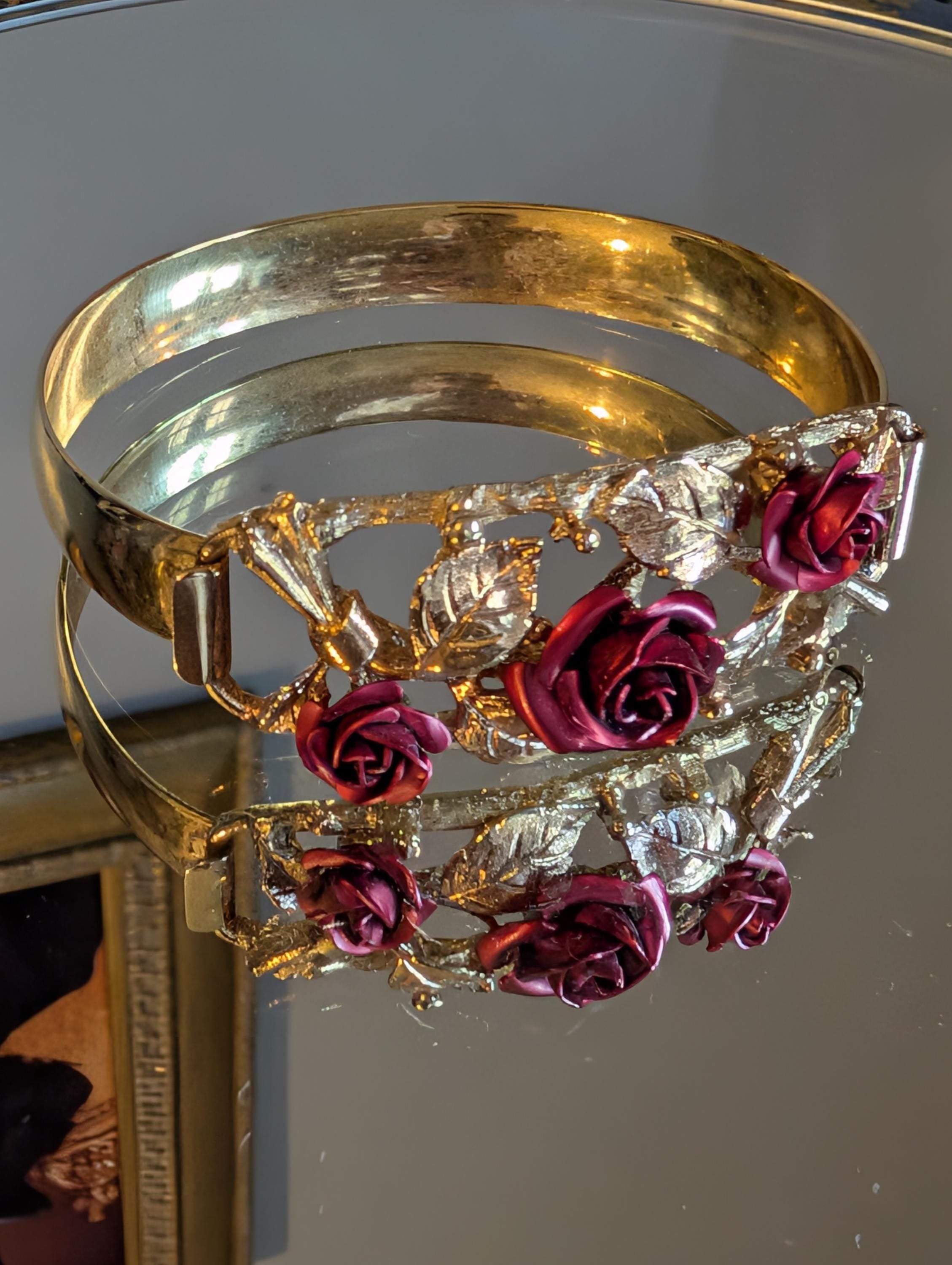 Vintage 1960s Gold Plated Rose Bangle Ring Set | Mid-Century Statement Jewellery __etsy:7746682745