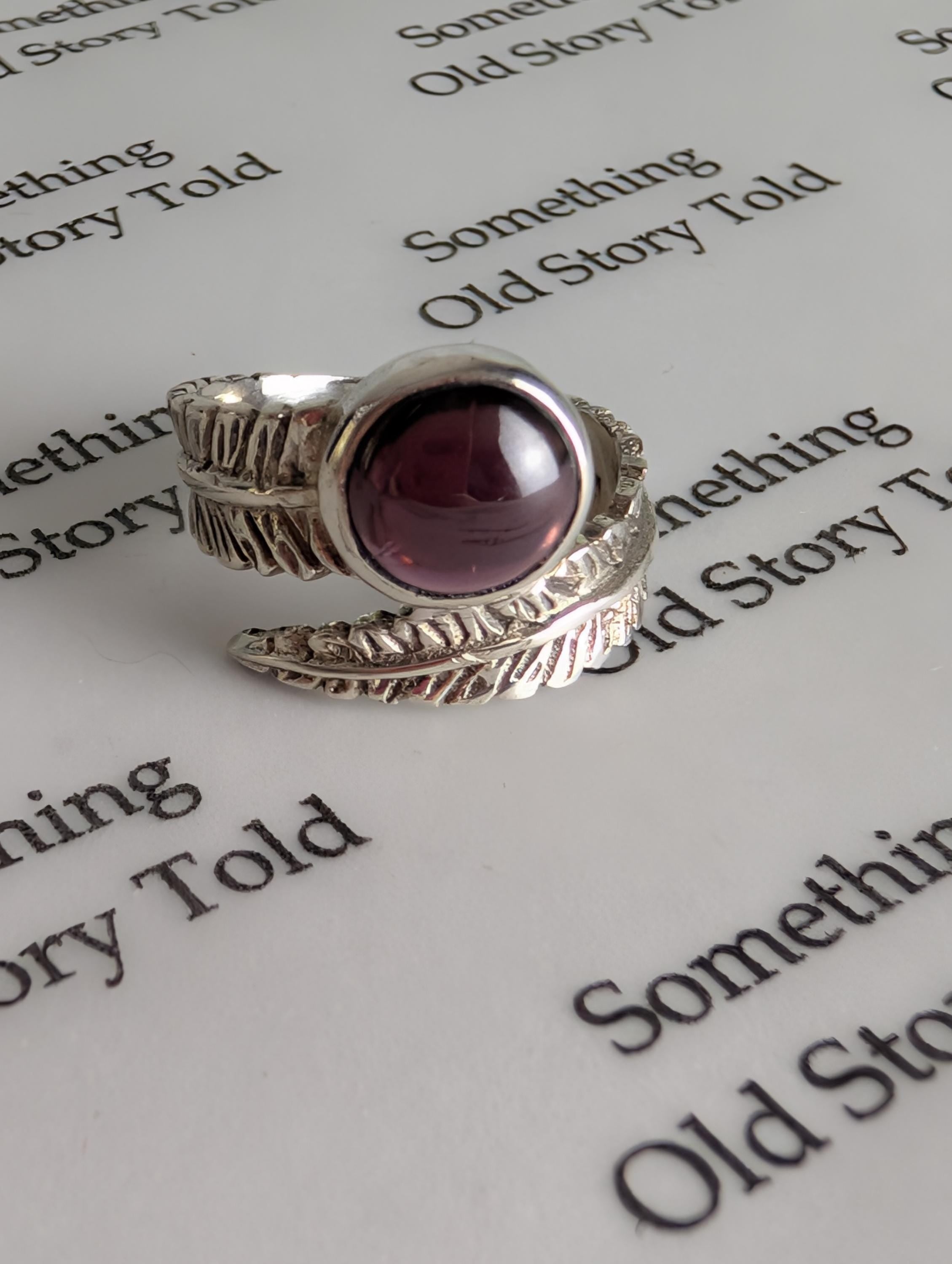 Vintage 90s Sterling Silver Feather Ring with Garnet, Textured Bypass Wrap Ring, Deep Purple Cabochon Gemstone Boho Statement Ring __etsy:8183049819