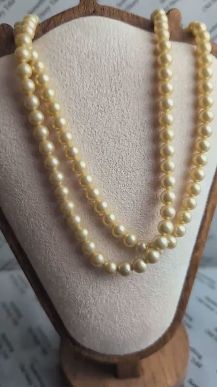 Vintage Double Strand Faux Pearl Necklace | Art Deco Style Rhinestone Clasp | Mid-Century Classic Jewelry