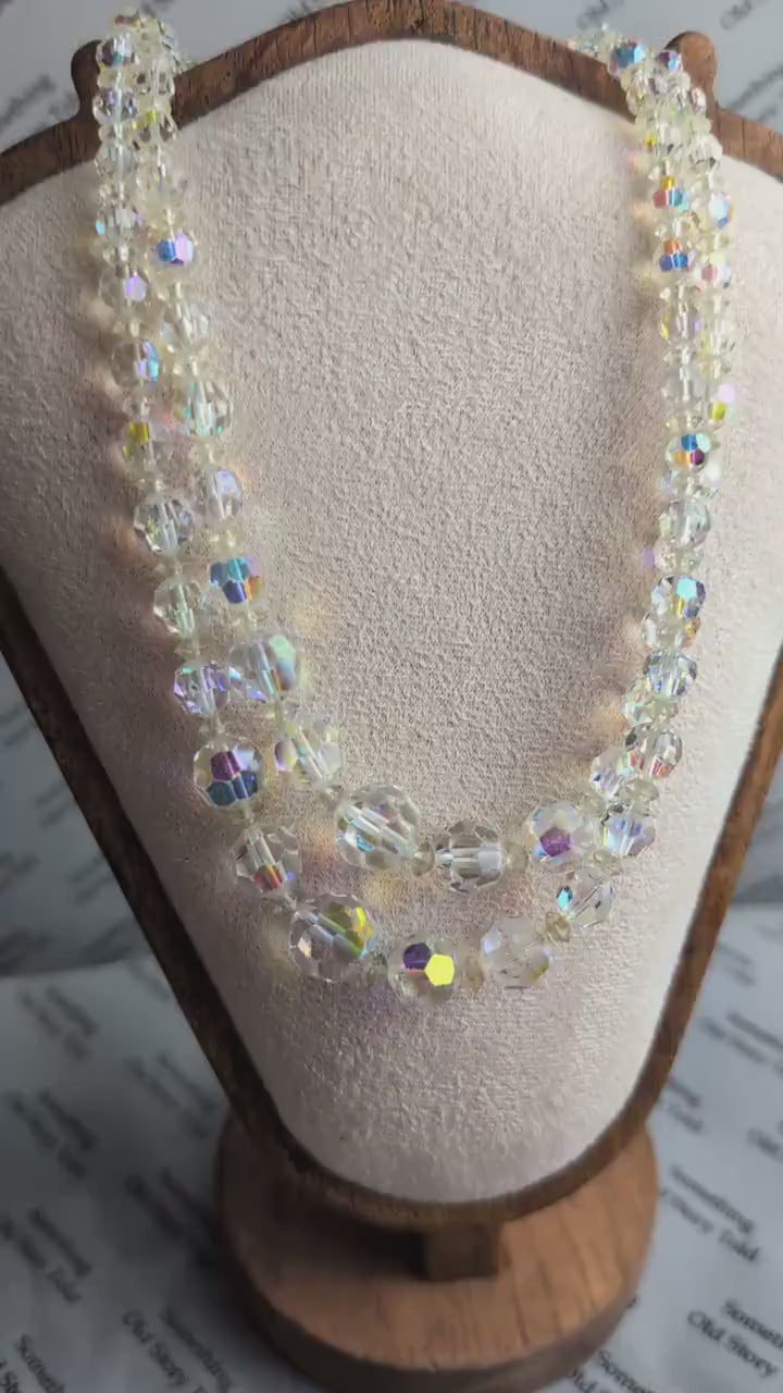 Vintage 1950s Aurora Borealis Crystal Necklace, Double Strand Bridal Jewelry