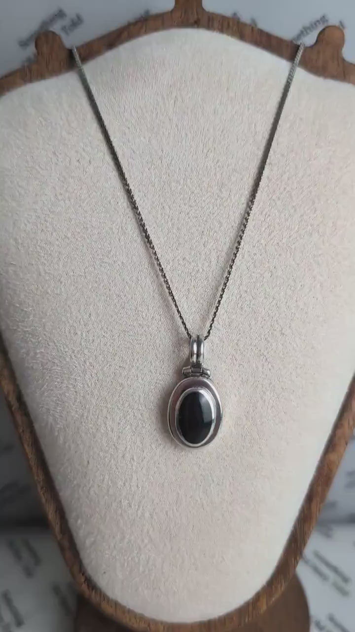 Vintage Sterling Silver Black Onyx Pendant Necklace, Oval Cabochon Bezel Set Medallion, Made in Italy 925 Chain Necklace, Modernist Gift