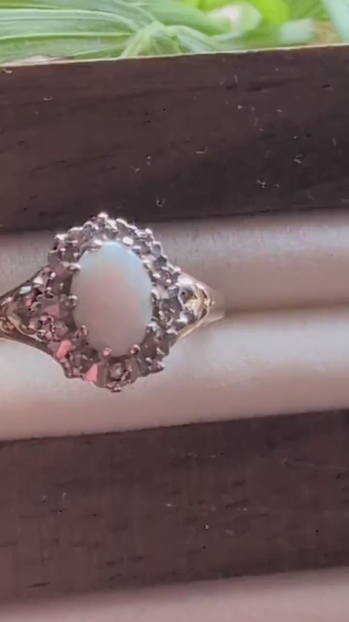 Vintage 9ct Gold Opal and Diamond Halo Ring | Starburst Cluster Engagement Ring | Luminous Oval Opal Ring | October Birthstone