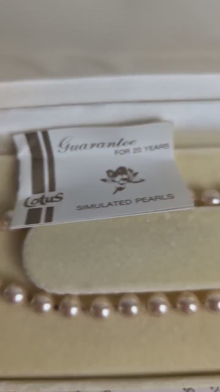 Vintage Lotus Simulated Pearl Necklace, Silver Floral Clasp, Cream Hardshell Box