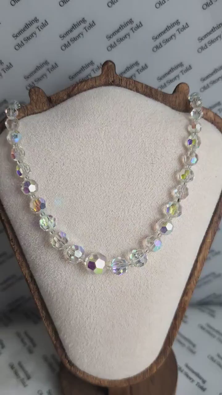 Vintage Aurora Borealis Crystal Choker Necklace, Graduated Faceted Glass Bead Strand, Iridescent Shimmer Necklace, Rhinestone Barrel Clasp