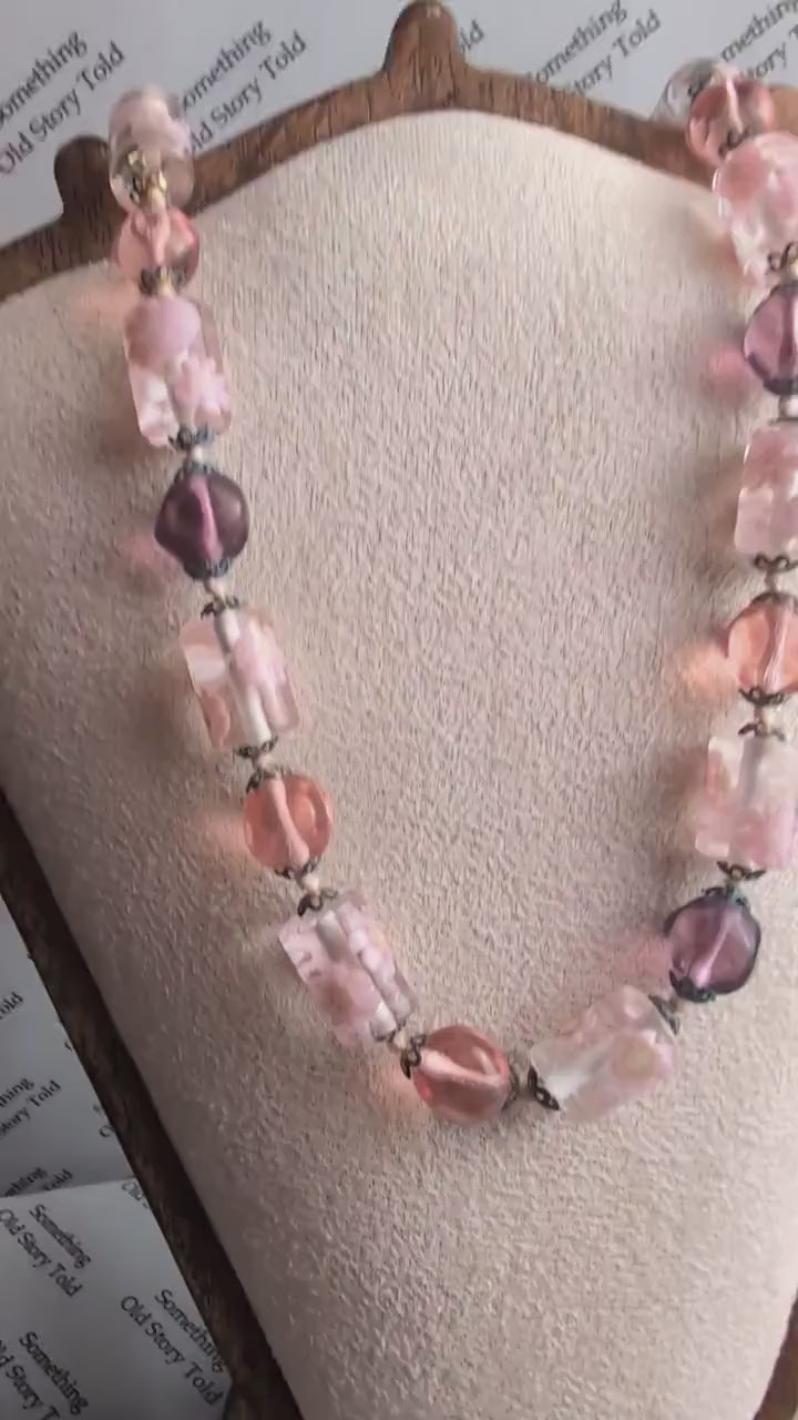 1950s Pink Lampwork Glass Necklace Floral Art Beads, Brass Clasp