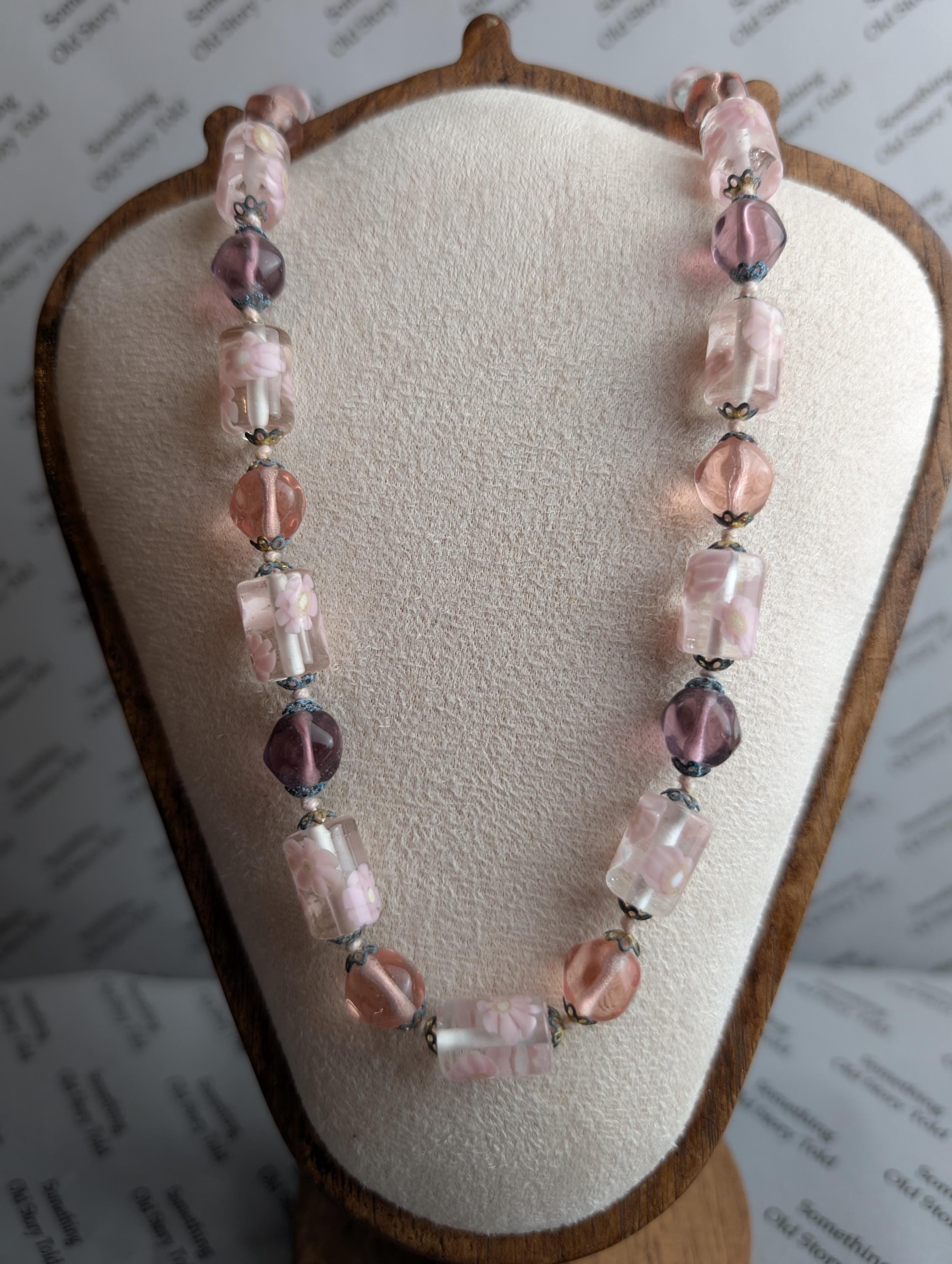 1950s Pink Lampwork Glass Necklace | Floral Art Beads, Brass Clasp __etsy:7998299680