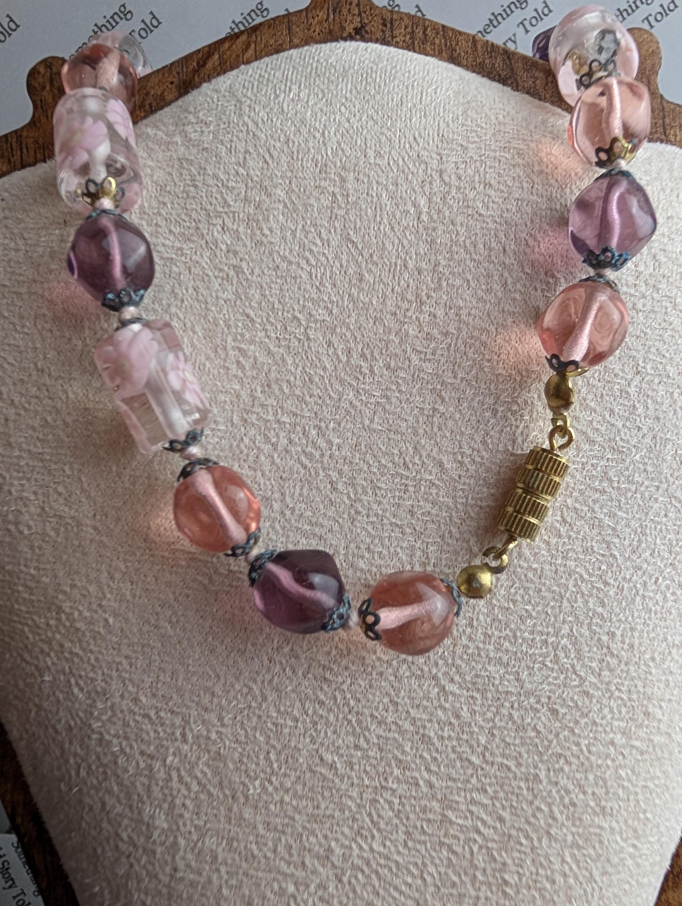 1950s Pink Lampwork Glass Necklace | Floral Art Beads, Brass Clasp __etsy:8046234715