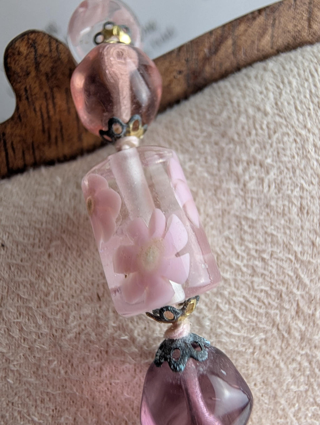 1950s Pink Lampwork Glass Necklace | Floral Art Beads, Brass Clasp __etsy:7998299670