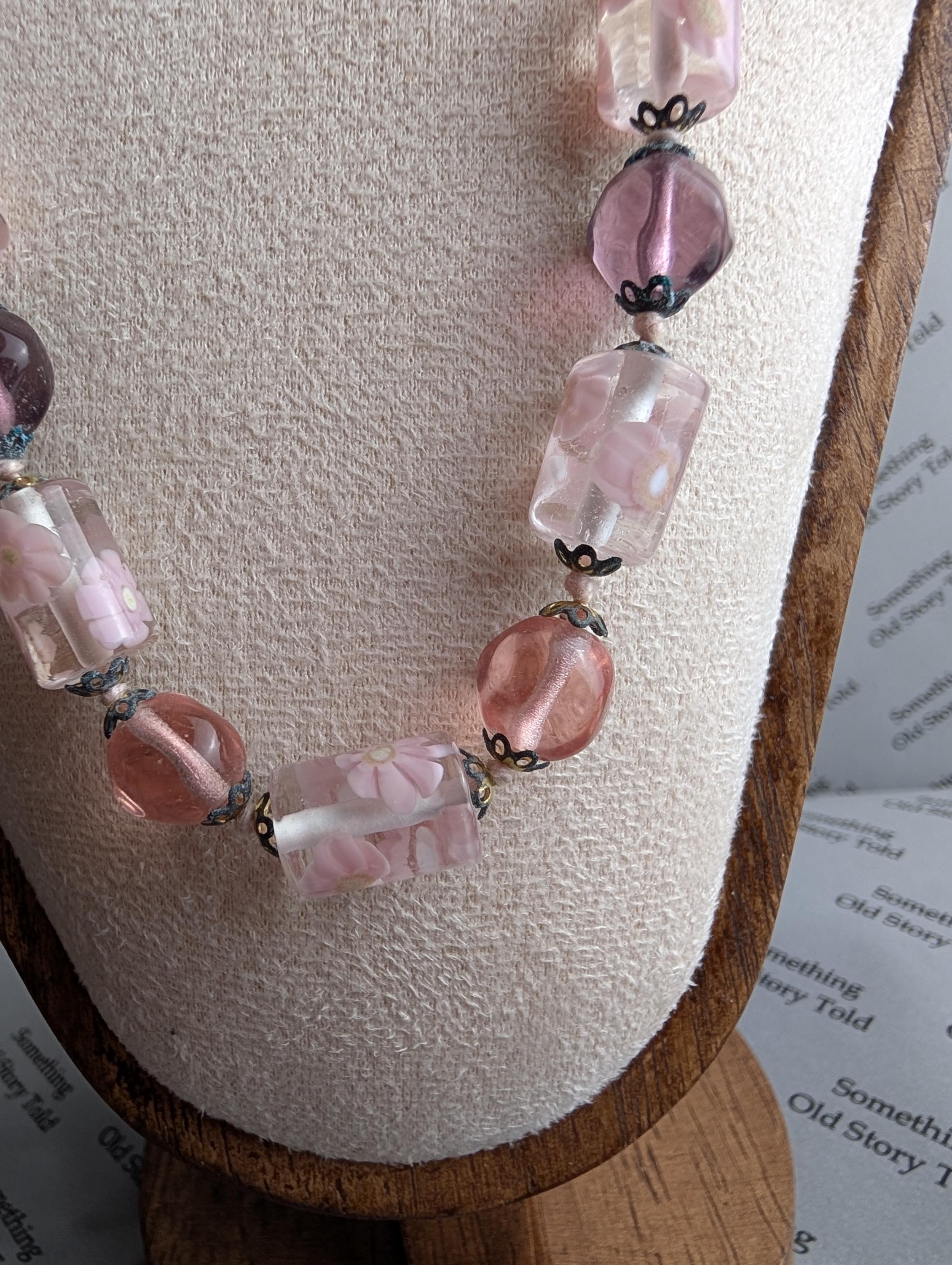 1950s Pink Lampwork Glass Necklace | Floral Art Beads, Brass Clasp __etsy:8046234725