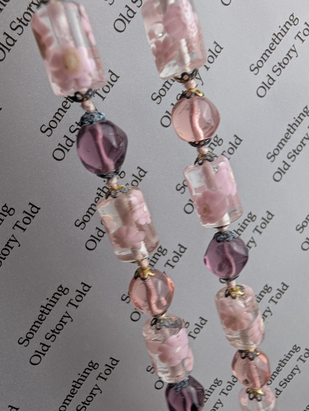 1950s Pink Lampwork Glass Necklace | Floral Art Beads, Brass Clasp __etsy:7998299658