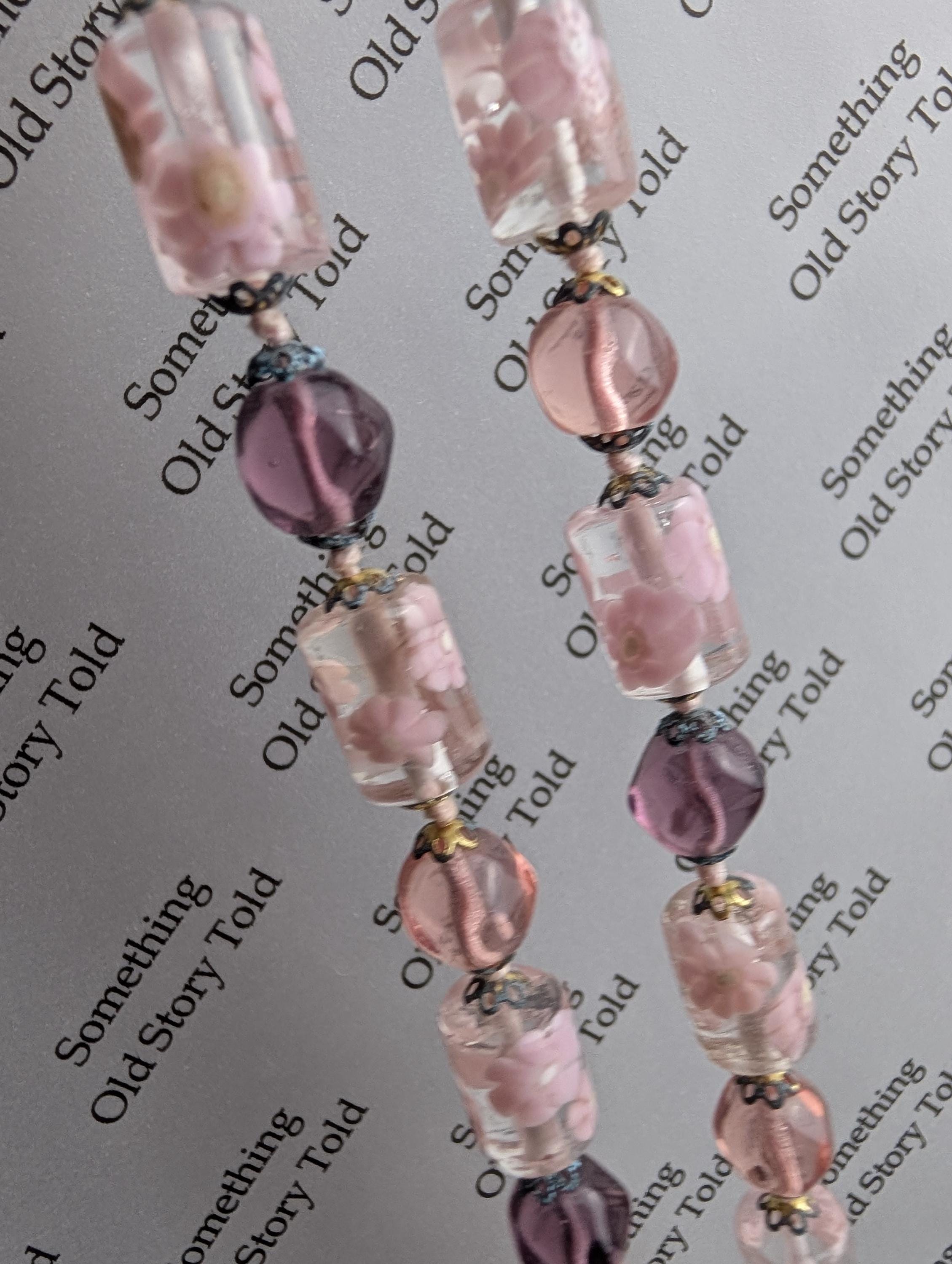 1950s Pink Lampwork Glass Necklace | Floral Art Beads, Brass Clasp __etsy:7998299658