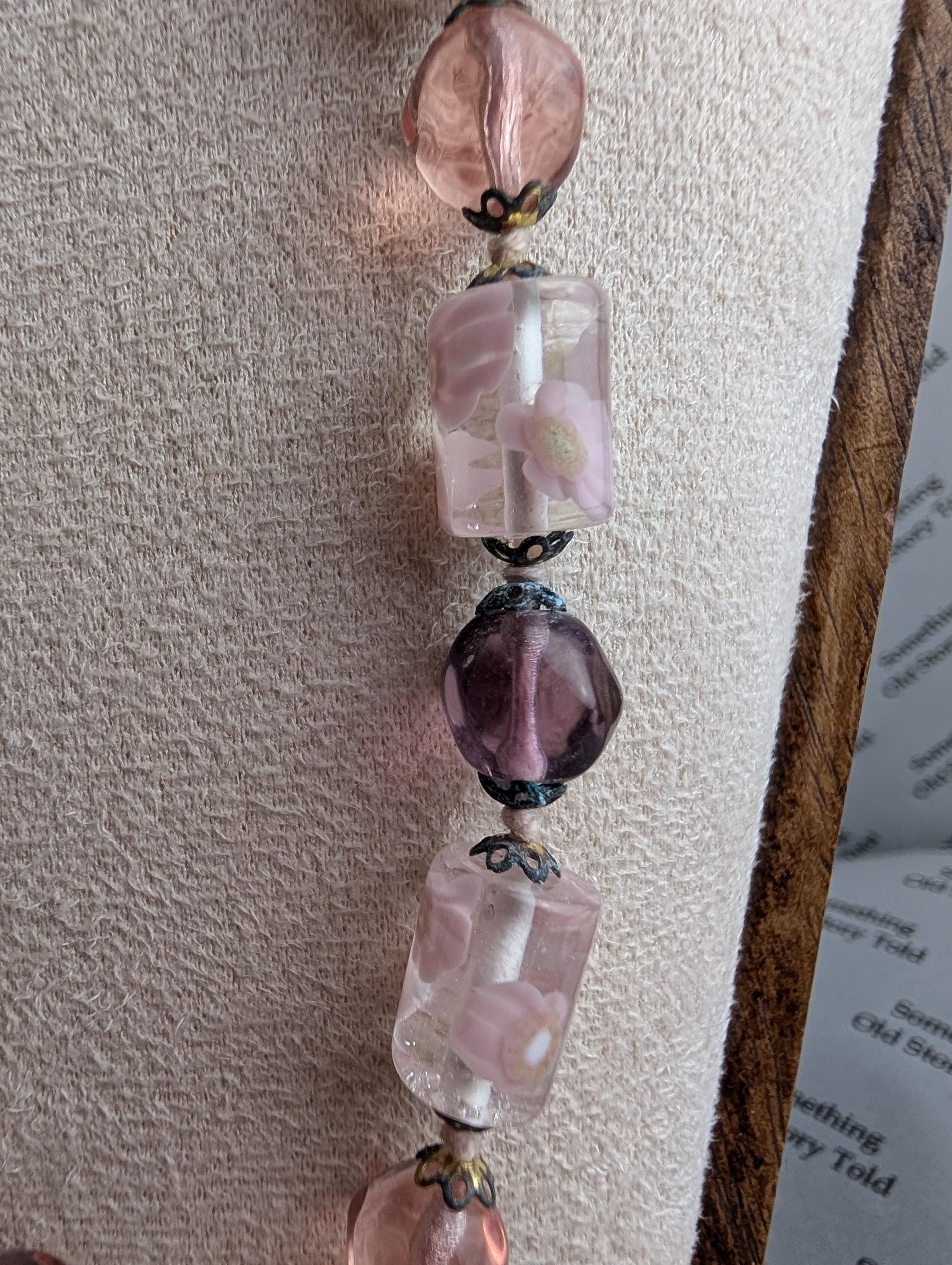 1950s Pink Lampwork Glass Necklace | Floral Art Beads, Brass Clasp __etsy:7998299688