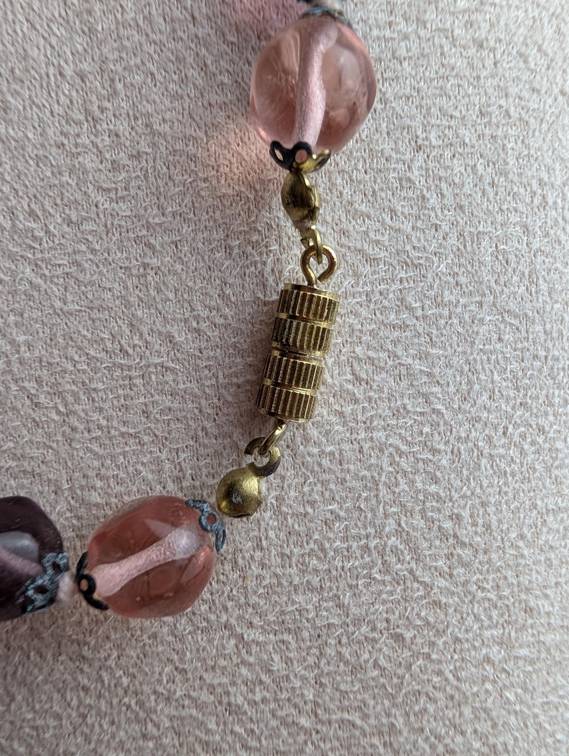 1950s Pink Lampwork Glass Necklace | Floral Art Beads, Brass Clasp __etsy:8046234713