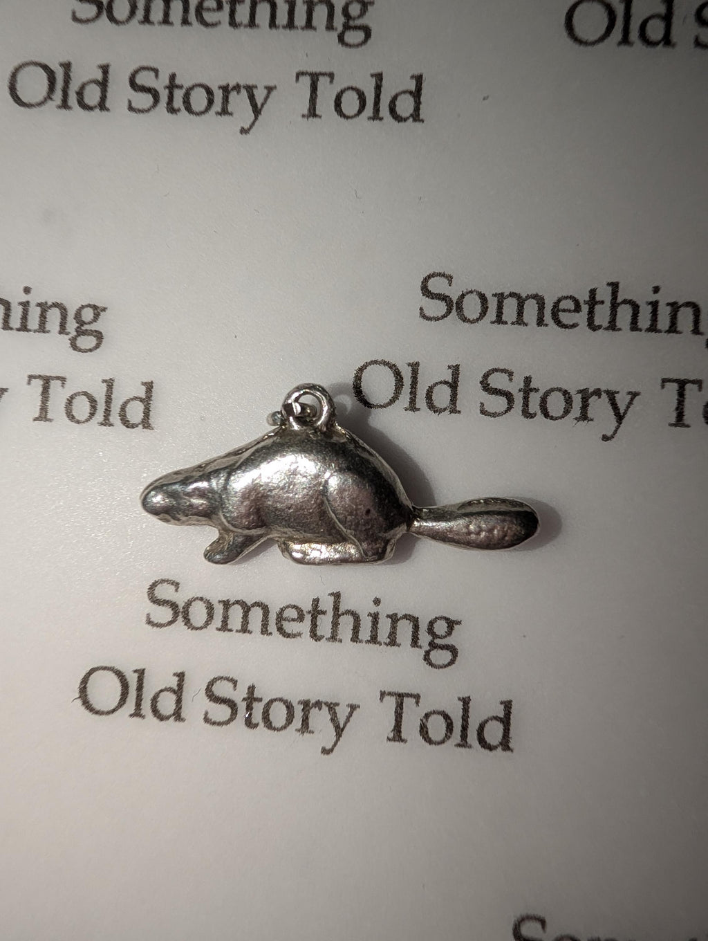 A silver-coloured beaver charm with intricate detailing. The charm has a small loop for suspension and is set against a white background with the text "Something Old Story Told". __etsy:7807707312