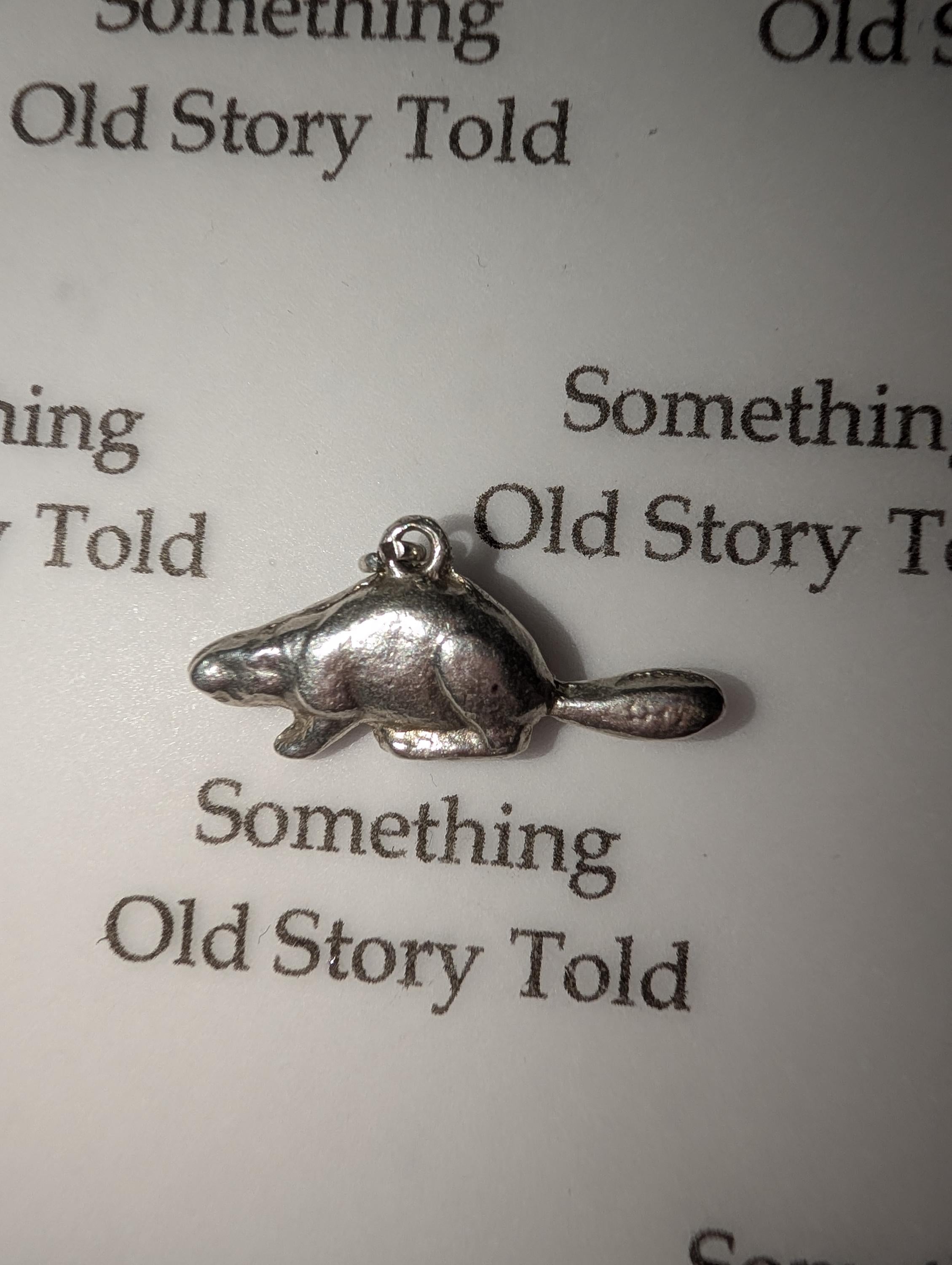 A silver-coloured beaver charm with intricate detailing. The charm has a small loop for suspension and is set against a white background with the text "Something Old Story Told". __etsy:7807707312