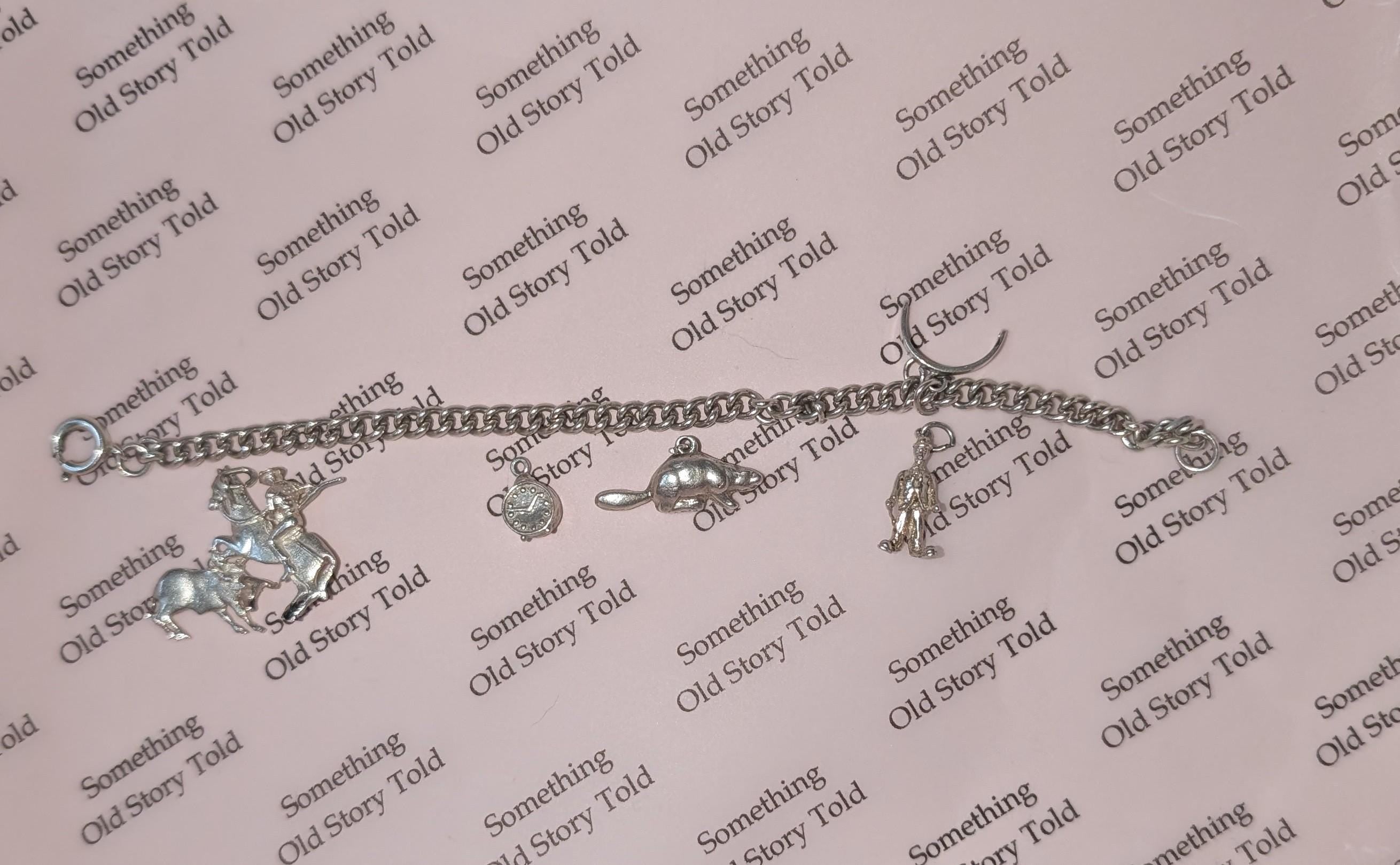 A silver charm bracelet with multiple charms: a horse, a diamond-shaped charm, a mouse, a bird, and a crescent moon. The bracelet is set against a pink backdrop with the text "Something Old Story Told". __etsy:7855648163