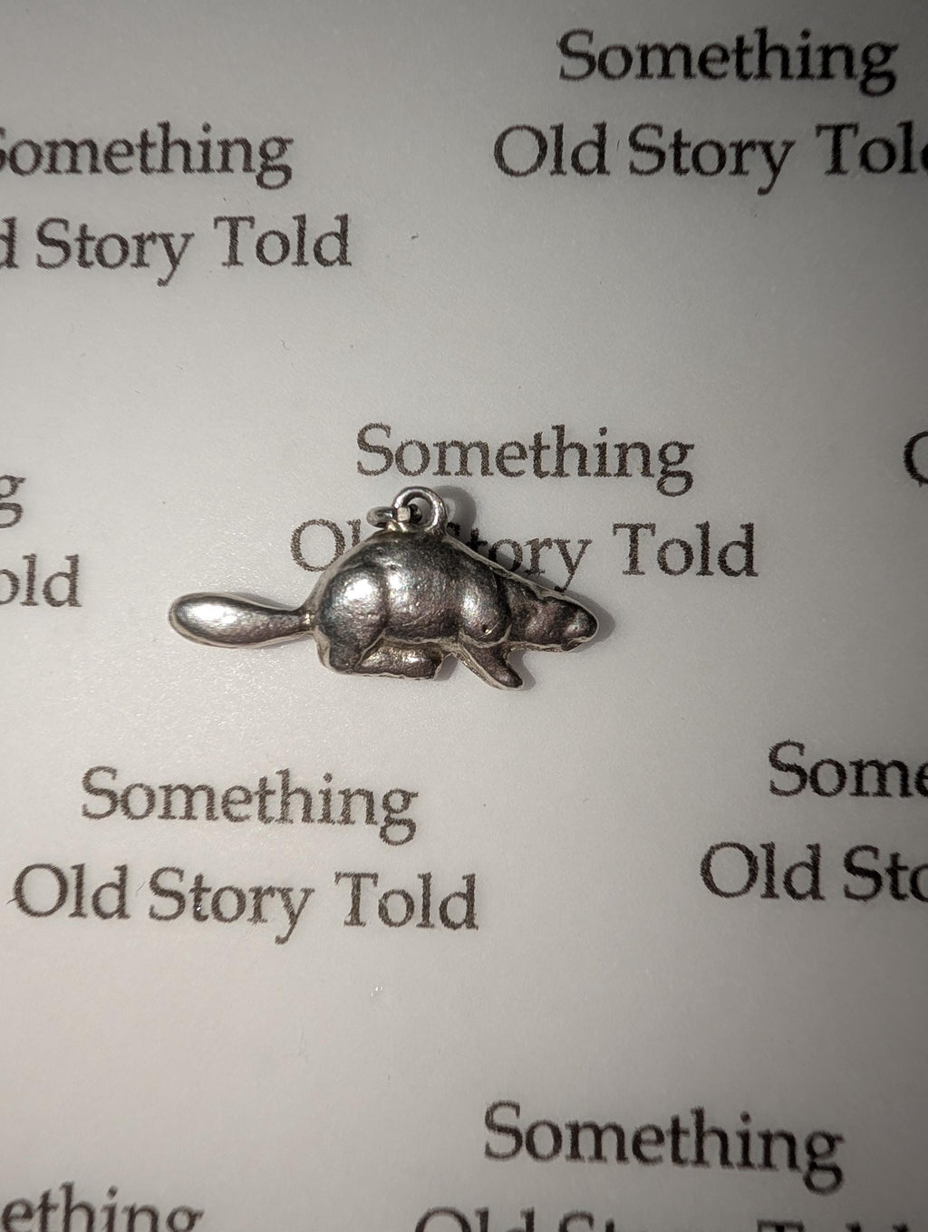 A small, silver-coloured beaver charm with a loop for hanging. The charm is detailed with the beaver's body, tail, and paws. The background has the words "Something Old Story Told" printed on it. __etsy:7855648207
