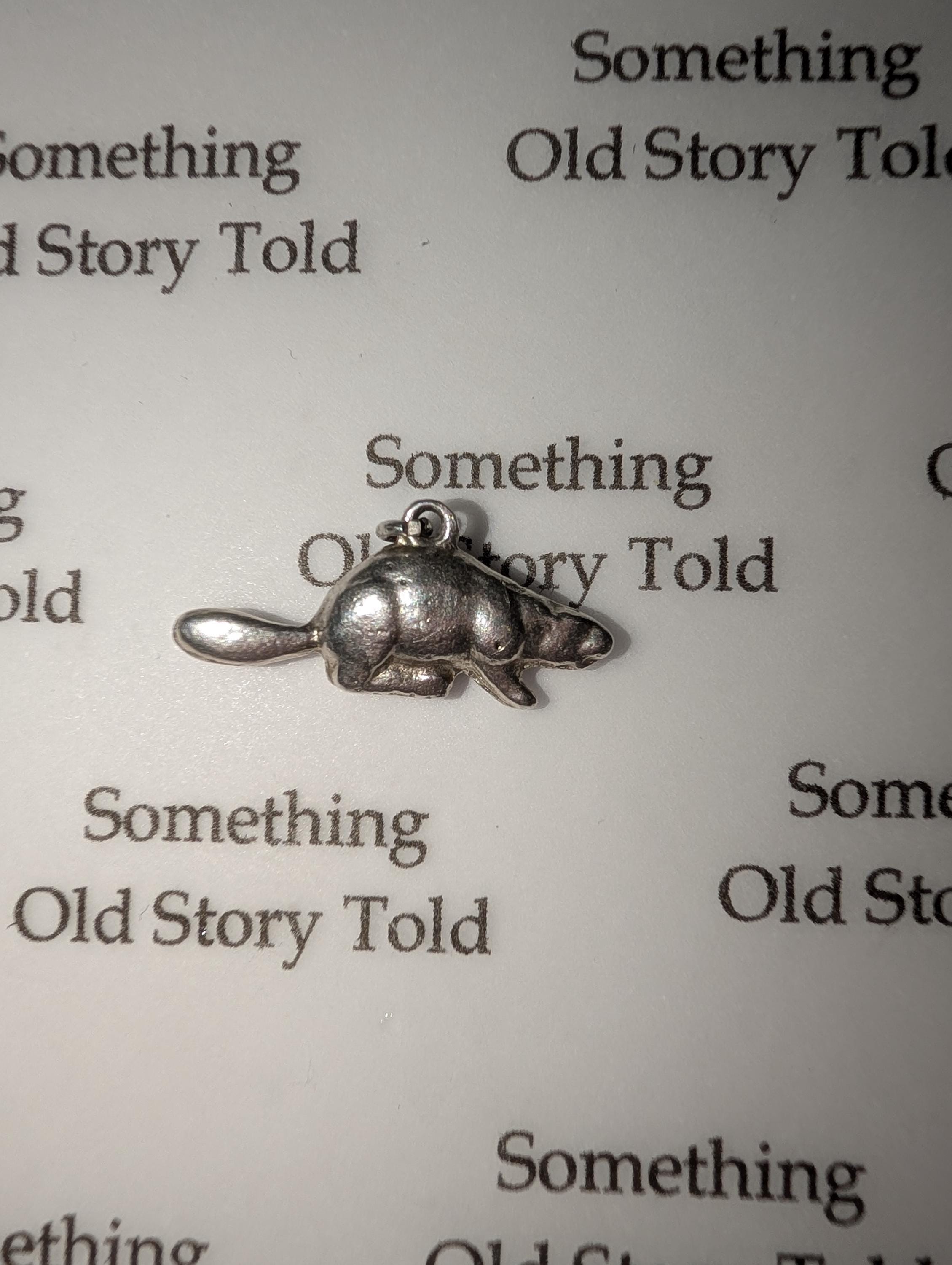 A small, silver-coloured beaver charm with a loop for hanging. The charm is detailed with the beaver's body, tail, and paws. The background has the words "Something Old Story Told" printed on it. __etsy:7855648207